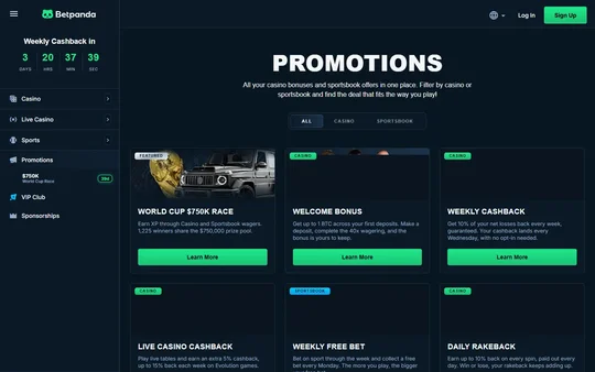 Kampanjesiden hos BetPanda med cashback og rakeback