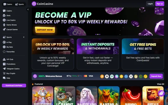 CoinCasino anmeldelse: forsiden med spillobby