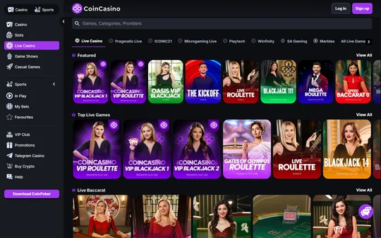 Live casino-lobbyen hos CoinCasino