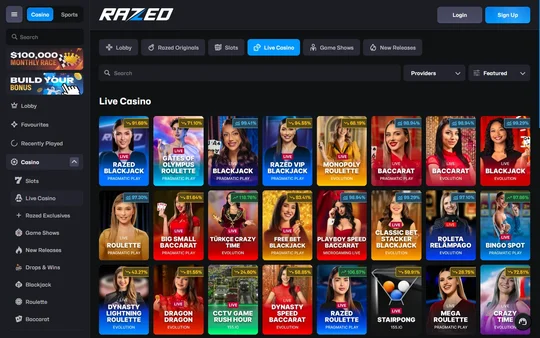 Live casino-lobbyen hos Razed