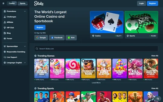 Stake anmeldelse: forsiden med casino og sportsbetting