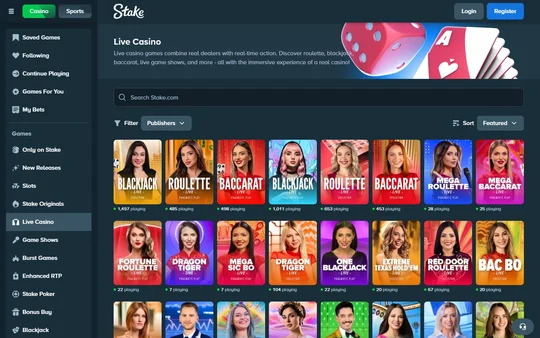 Live casino-lobbyen hos Stake