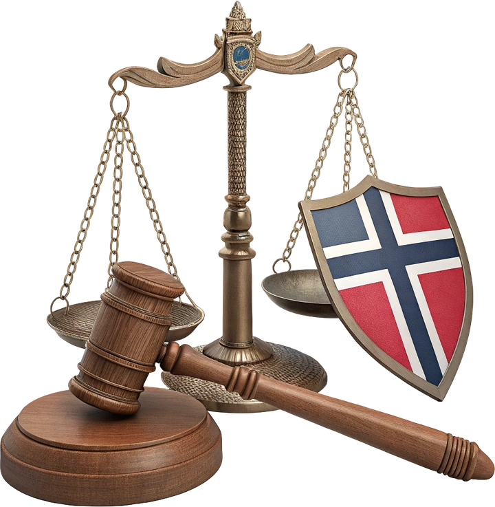Dommerklubbe, vektskål og skjold med nordisk kors